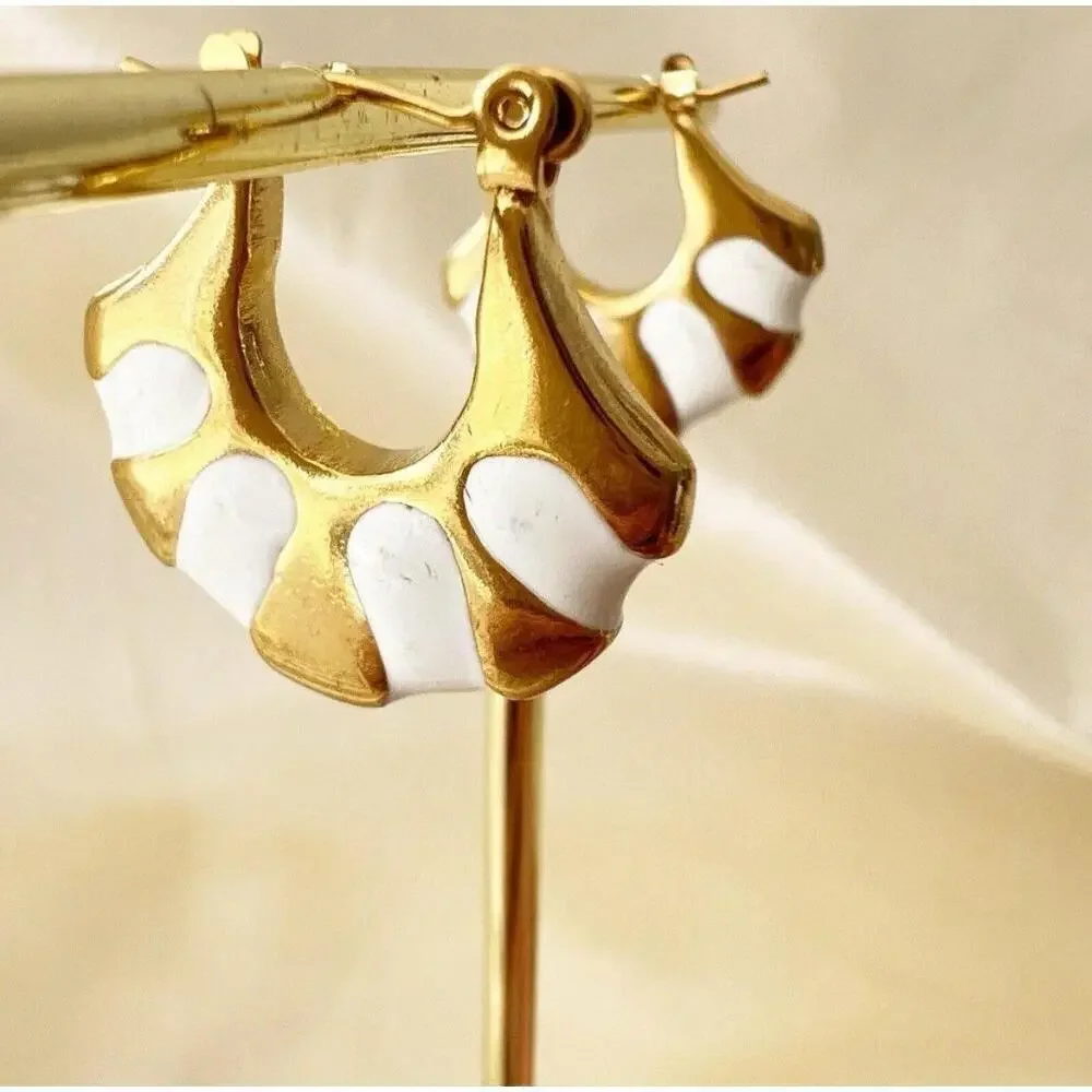 Gold Plated Stunning Egyptian Style Hoop Earrings White Enamel & Gold